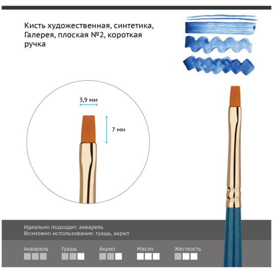 Кисть плоская, синтеника (Галерея) №02, короткая ручка (Гамма®) Китай