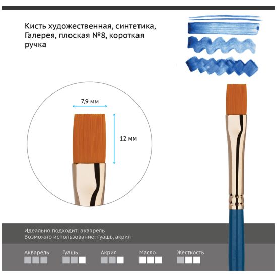 Кисть плоская, синтеника (Галерея) №08, короткая ручка (Гамма®) Китай
