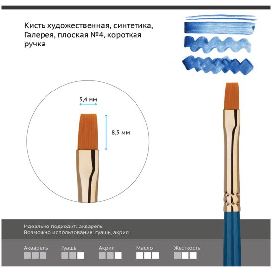 Кисть плоская, синтеника (Галерея) №04, короткая ручка (Гамма®) Китай