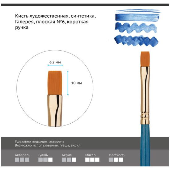 Кисть плоская, синтеника (Галерея) №06, короткая ручка (Гамма®) Китай