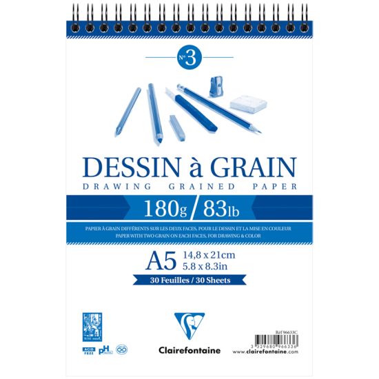 Скетчбук Clairefontaine \"Dessin a grain\", 30л., А5, на гребне, 180г/м2, мелкозернистая (Франция)