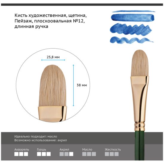 Кисть плоскоовальная, щетина (Пейзаж) №12, длинная ручка (Гамма®) Китай