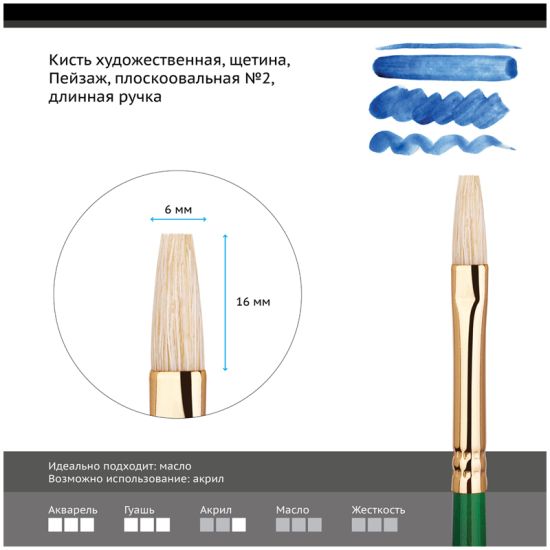 Кисть плоскоовальная, щетина (Пейзаж) №2, длинная ручка (Гамма®) Китай
