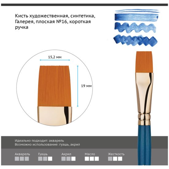 Кисть плоская, синтеника (Галерея) №16, короткая ручка (Гамма®) Китай