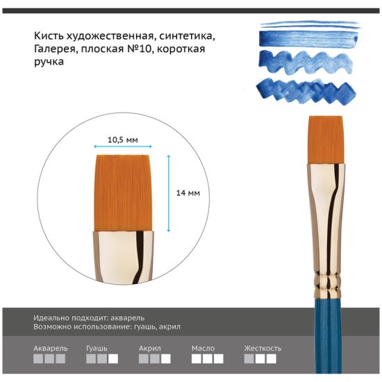 Кисть плоская, синтеника (Галерея) №10, короткая ручка (Гамма®) Китай
