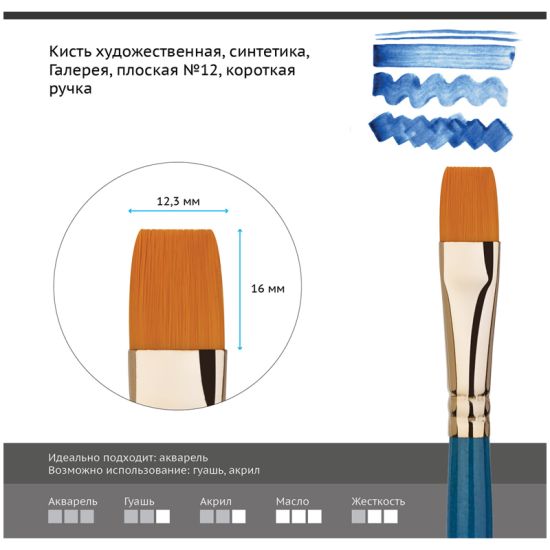 Кисть плоская, синтеника (Галерея) №12, короткая ручка (Гамма®) Китай