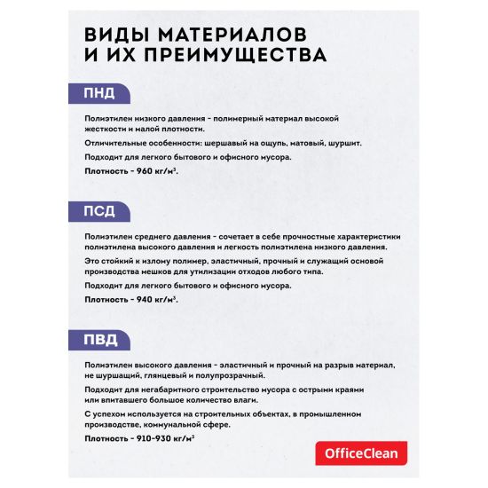 Мешки полиэтилен. (ПВД) 90х120 (160л) 65мкм, 10шт, чёрные (OfficeClean®) РОССИЯ
