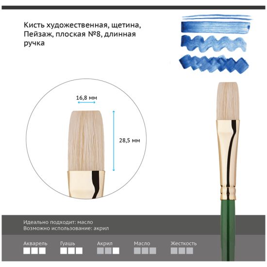 Кисть плоская, щетина (Пейзаж) №8, длинная ручка (Гамма®) Китай