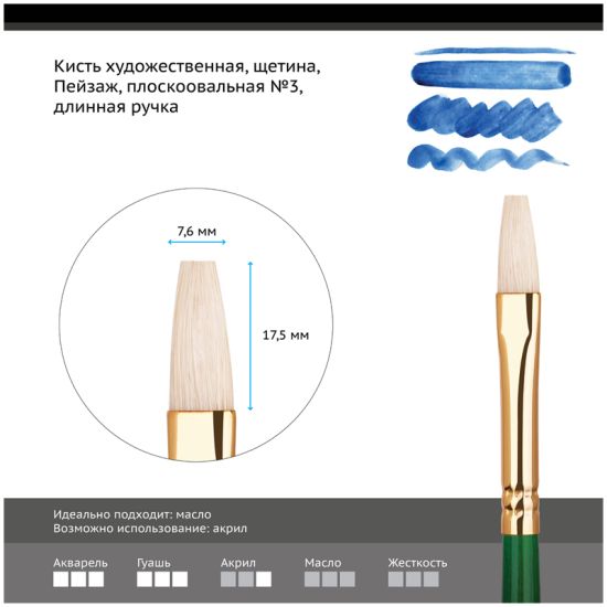 Кисть плоскоовальная, щетина (Пейзаж) №3, длинная ручка (Гамма®) Китай