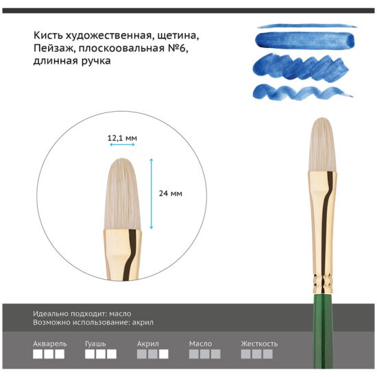 Кисть плоскоовальная, щетина (Пейзаж) №6, длинная ручка (Гамма®) Китай