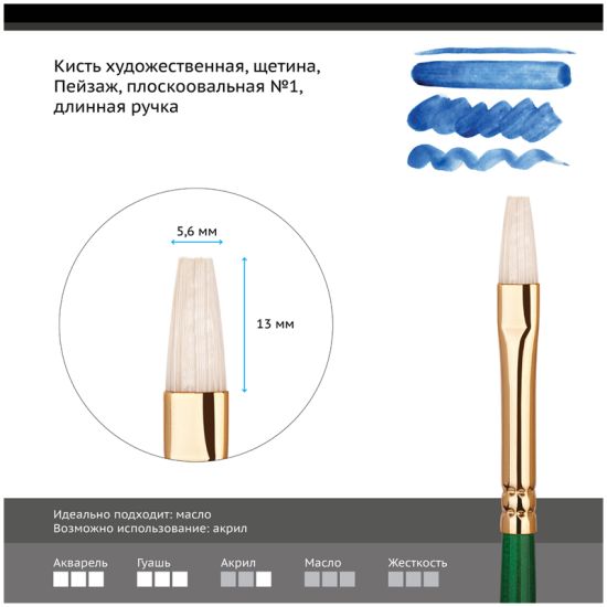 Кисть плоскоовальная, щетина (Пейзаж) №1, длинная ручка (Гамма®) Китай