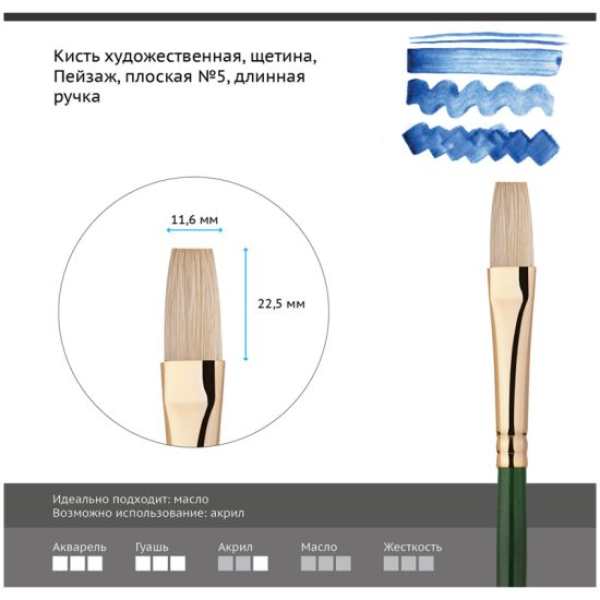 Кисть плоская, щетина (Пейзаж) №5, длинная ручка (Гамма®) Китай