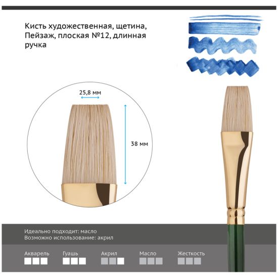 Кисть плоская, щетина (Пейзаж) №12, длинная ручка (Гамма®) Китай